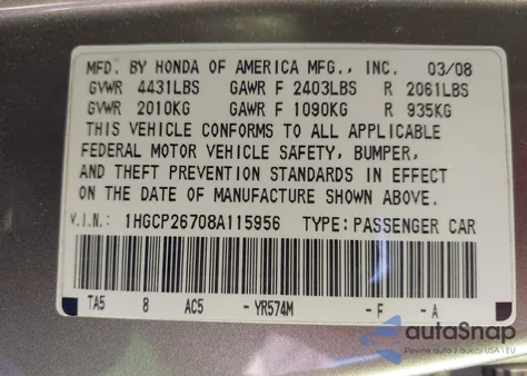 2008 Honda Accord 2.4 Ex z USA, uszkodzony, nr VIN 1HGCP26708A115956